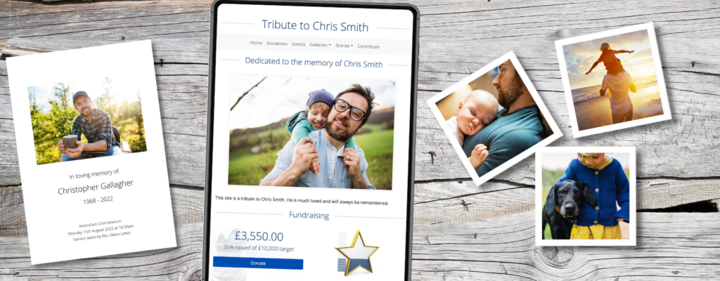 A MuchLoved tribute page on a tablet, and polaroids, on a wooden background